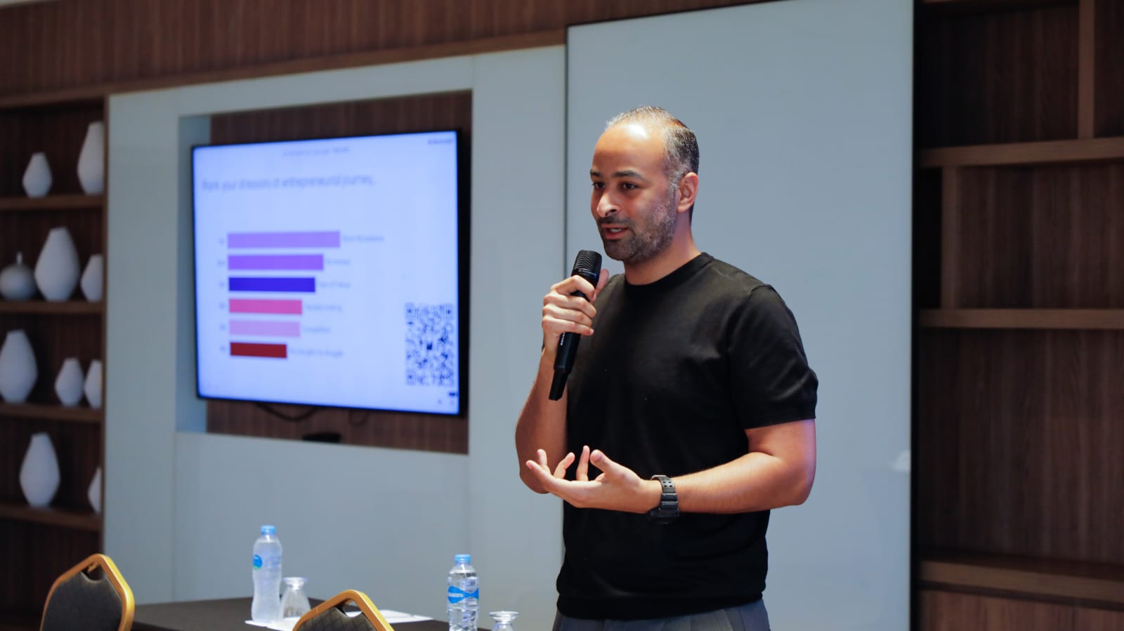 A facilitator presenting findings from a workplace stress survey